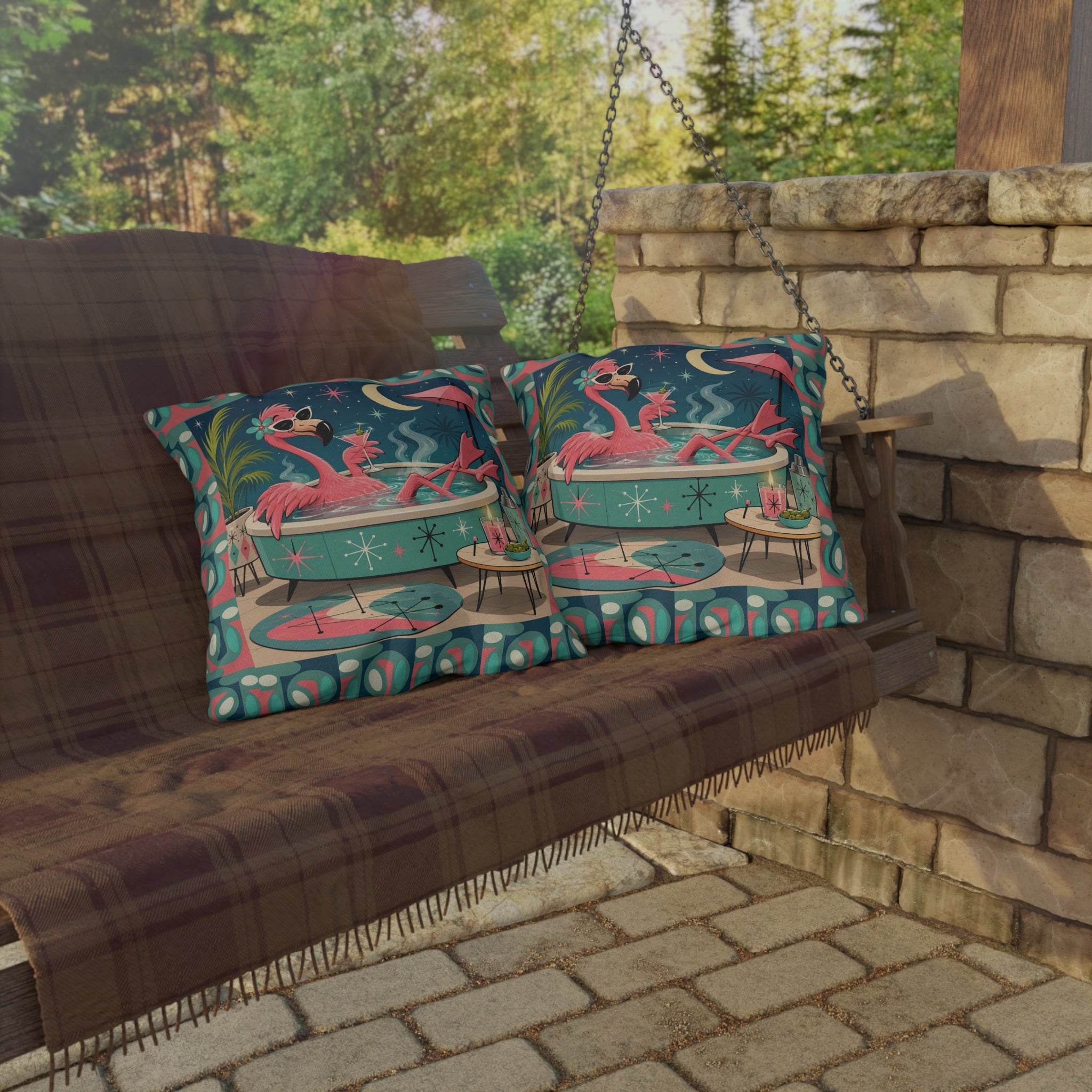 Retro Flamingo in Hot Tub Outdoor Pillow | Mid Century Tropical Patio Decor