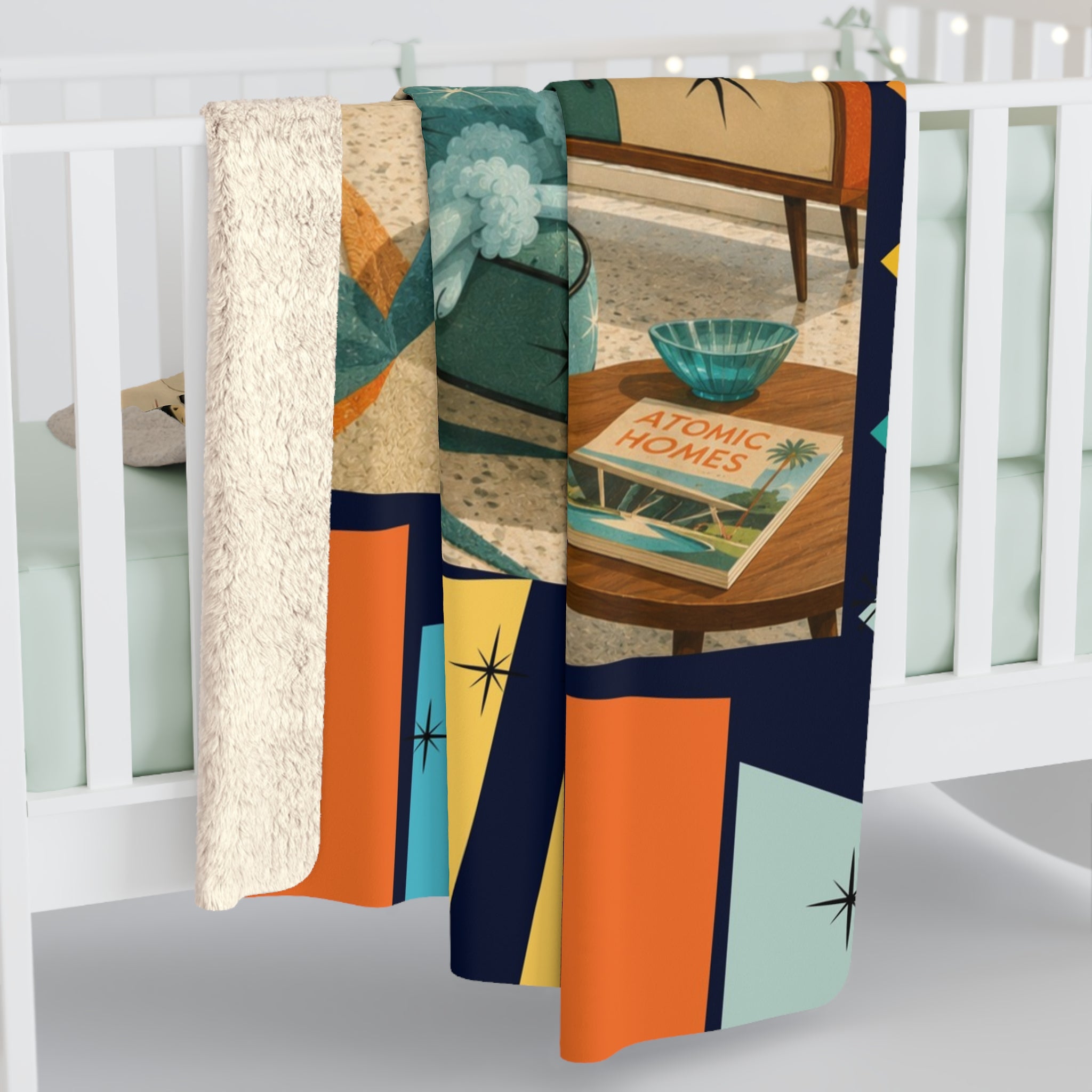 Retro Living Room Poodle Sherpa Fleece Blanket | Mid Century Dog Patio Scene