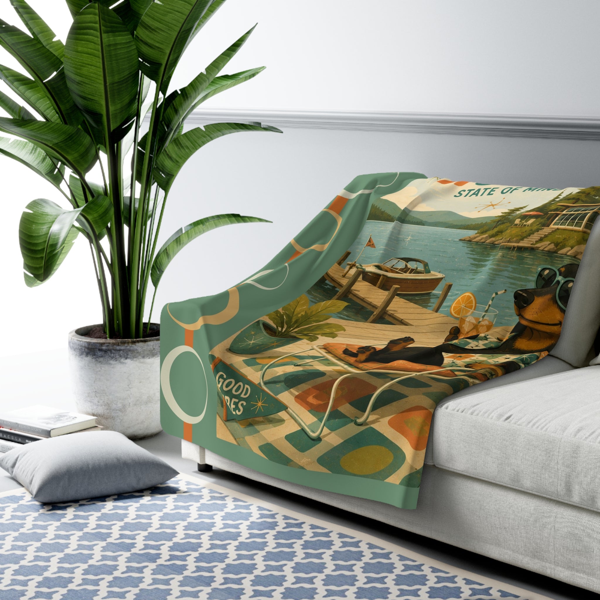 MCM Lake House State of Mind Sherpa Blanket | Retro Dachshund Lake Cabin Art