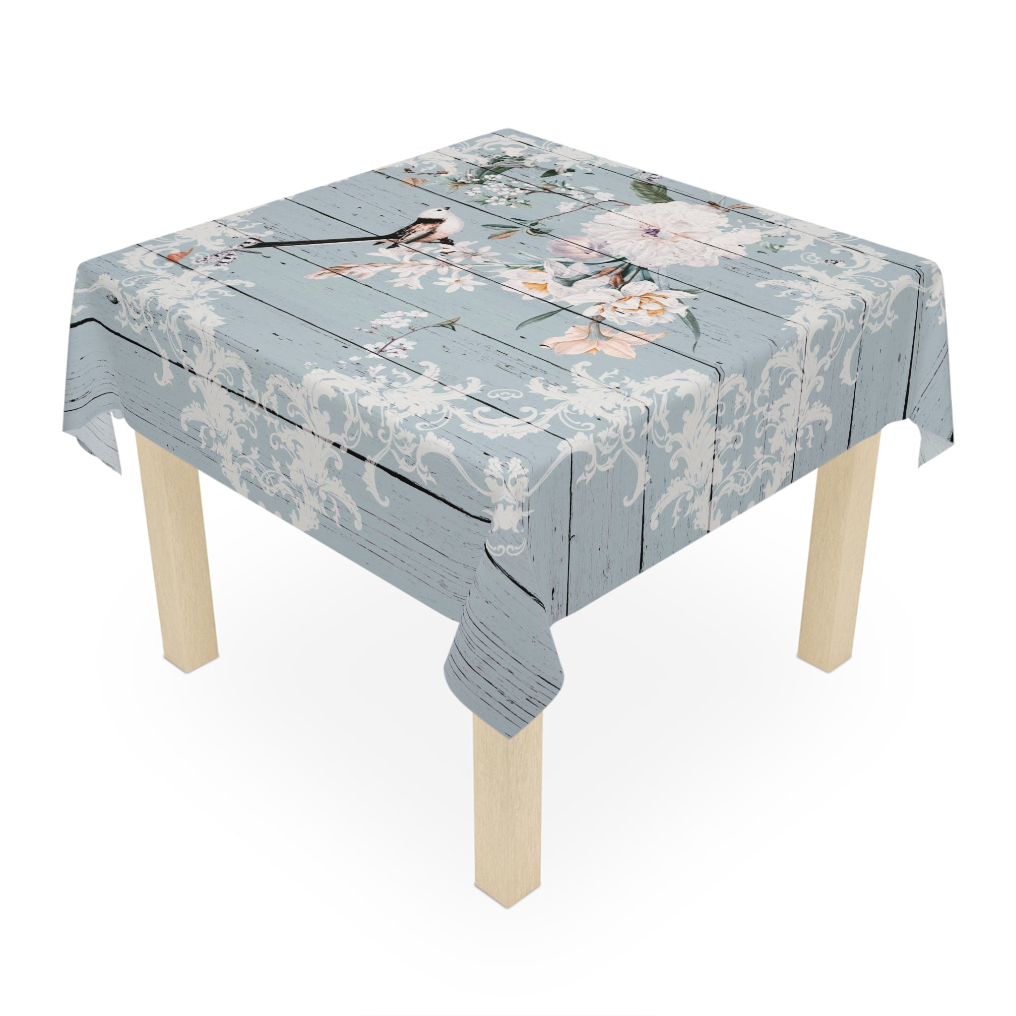Rustic Floral Bird Tablecloth — Vintage Shiplap Blue Dining Cover