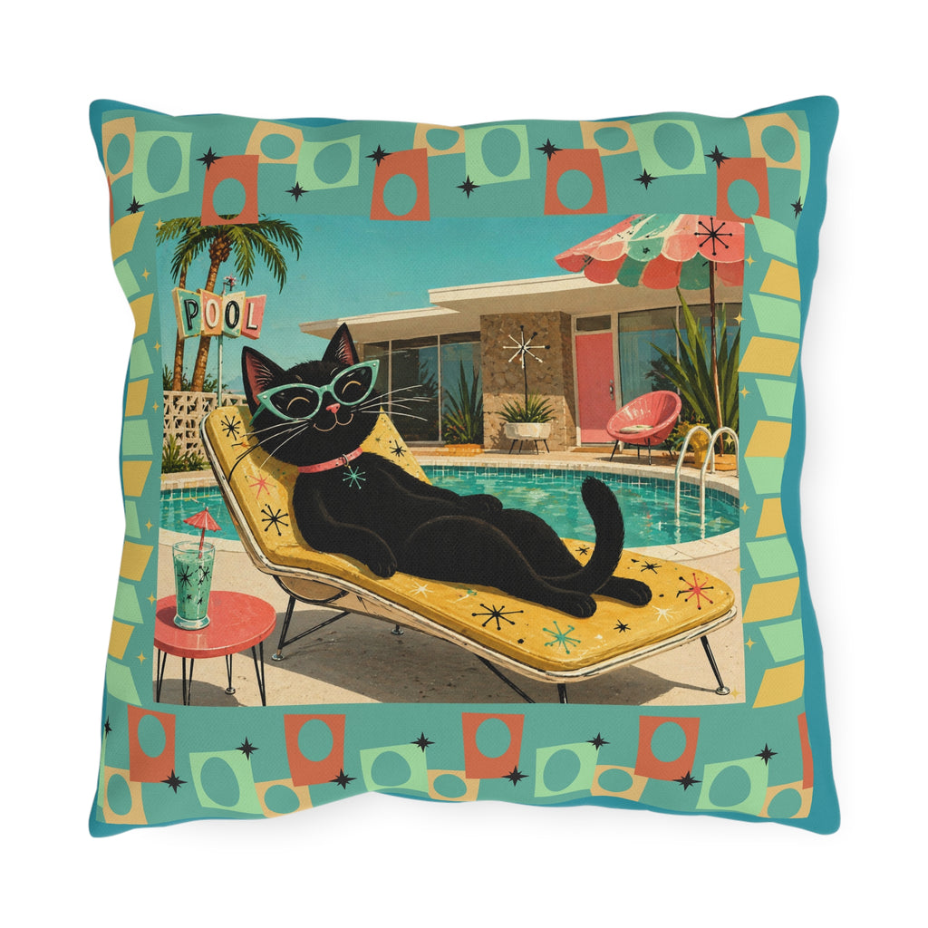 Retro Black Cat Poolside Outdoor Pillow | Mid Century Modern Patio Decor