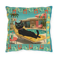 Retro Black Cat Poolside Outdoor Pillow | Mid Century Modern Patio Decor