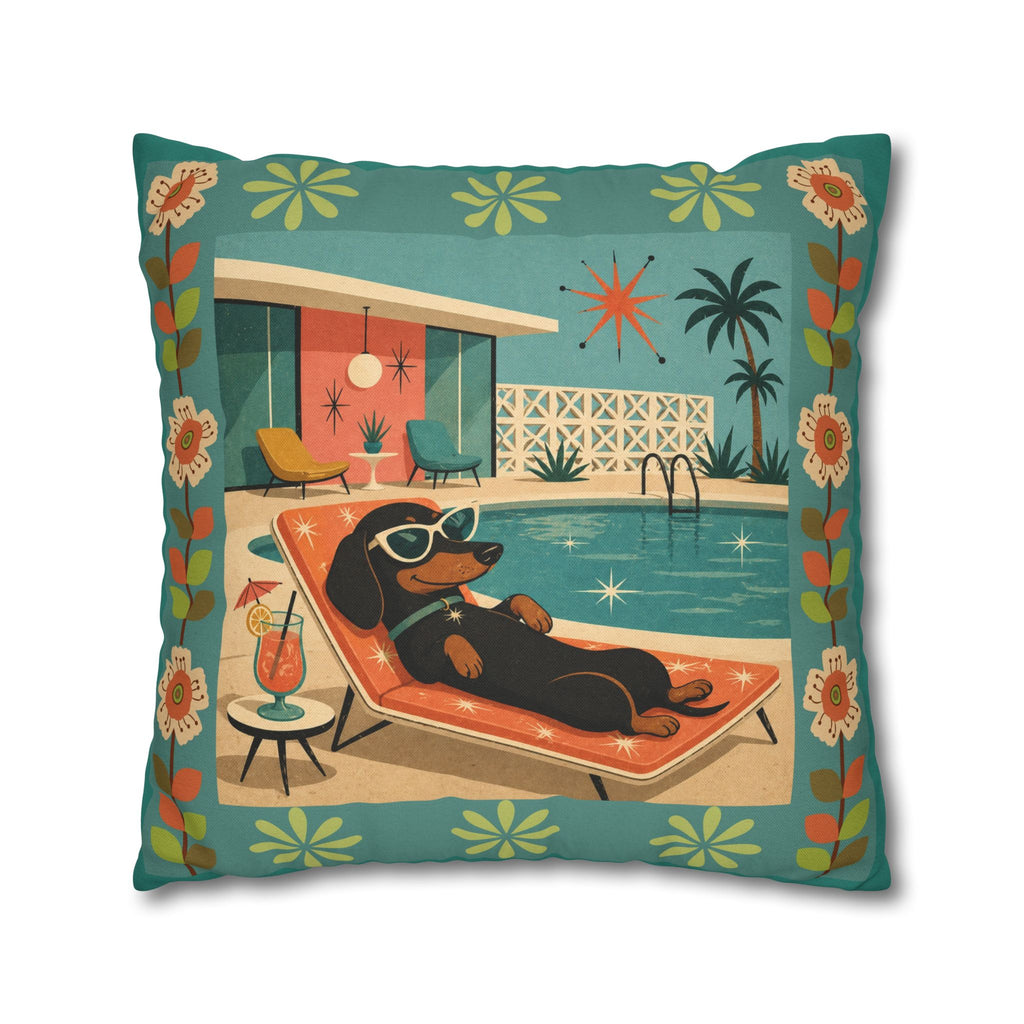 Retro Dachshund Pool Lounge Pillowcase | Square Pillowcase - COVER ONLY - Indoor Use