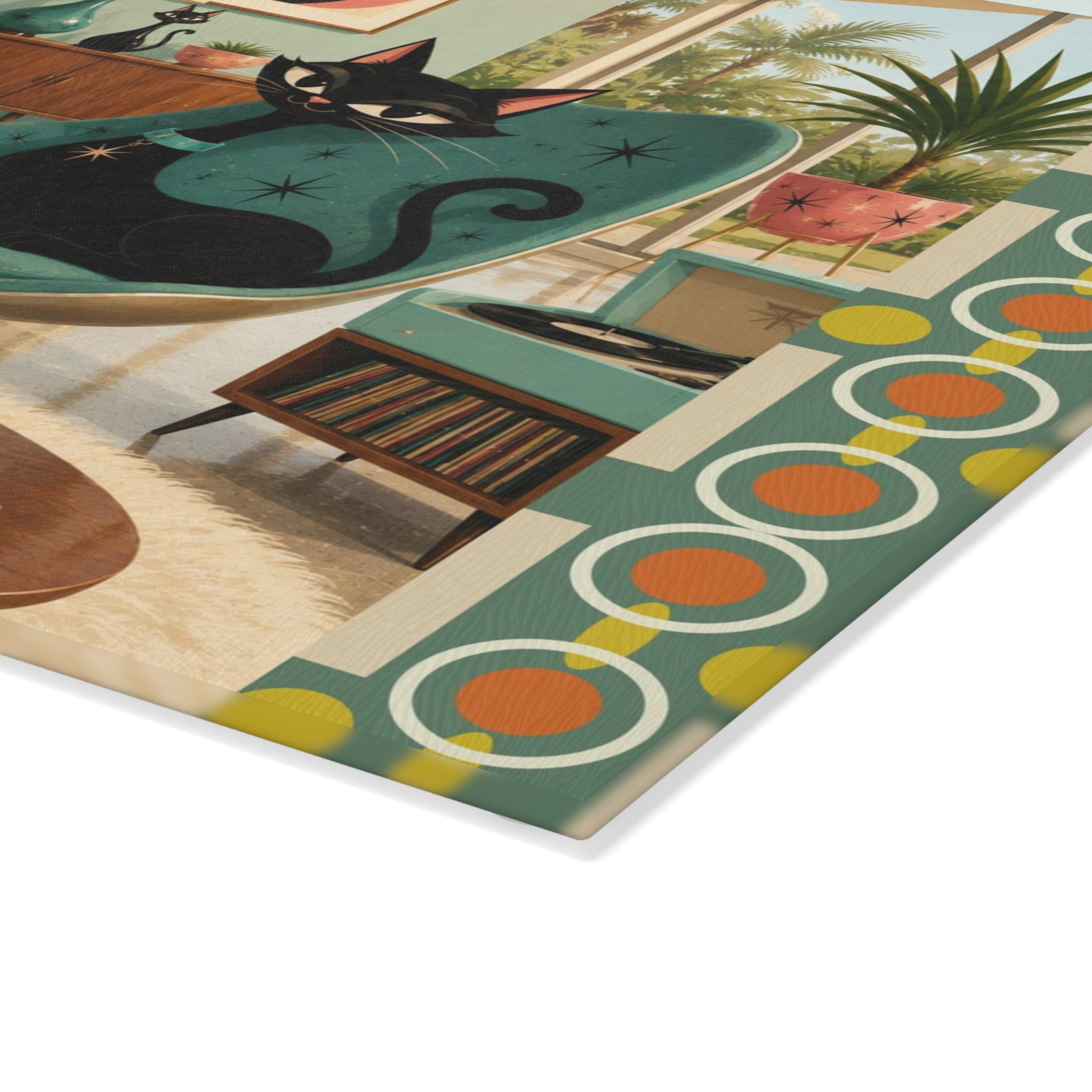 Mid Century Black Atomic Cats Glass Cutting Board | Retro Living Room Art