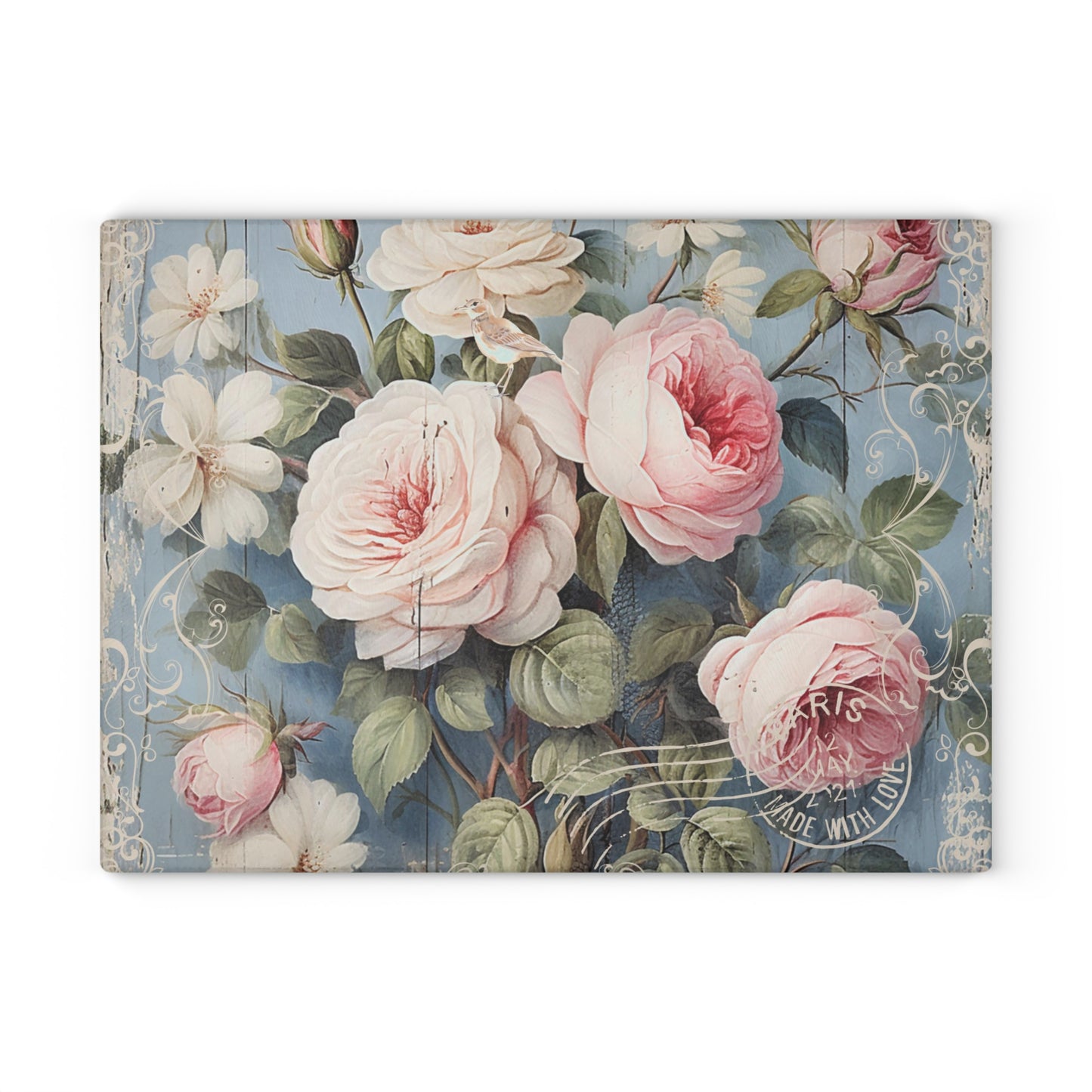 Pink roses shabby chic style Glass Cutting Board, vintage inspired floral chopping board