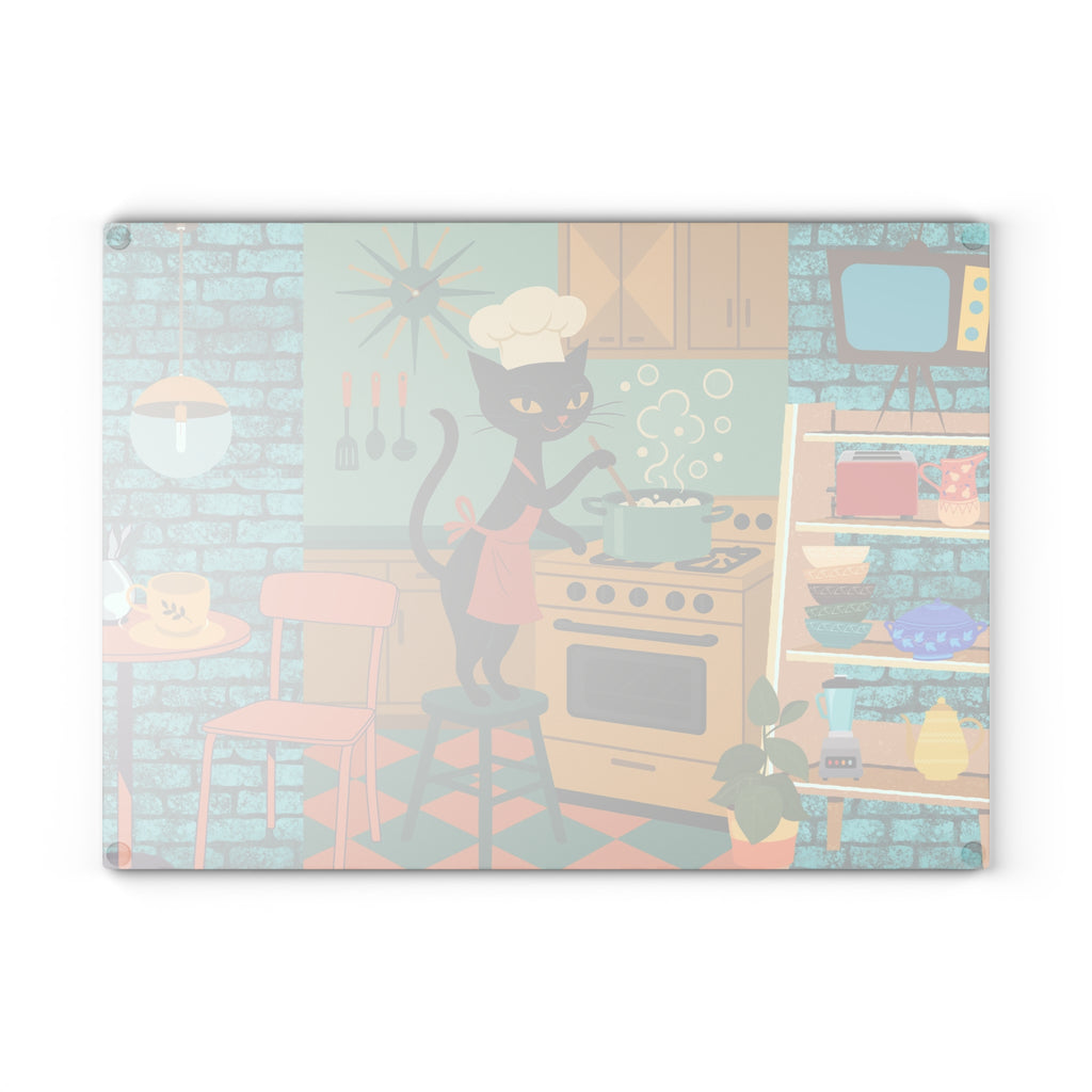 Whimsical Atomic Cat Glass Cutting Board, Retro Kitchen Decor, black Cat Lover Gift, Unique Cooking Accessory, Fun Gift Idea for Home