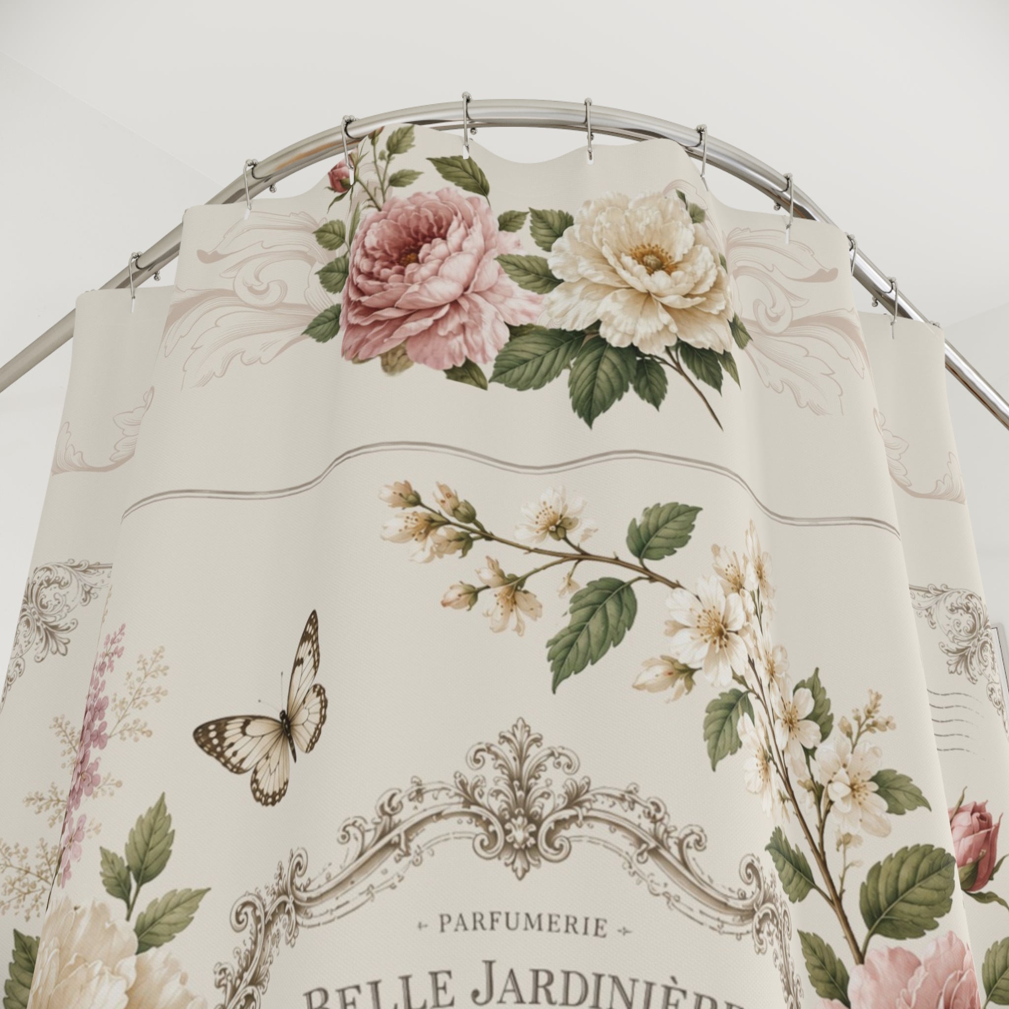 Vintage style Floral Garden Shower Curtain | French Roses,  Shabby chic Butterflies, Neutral