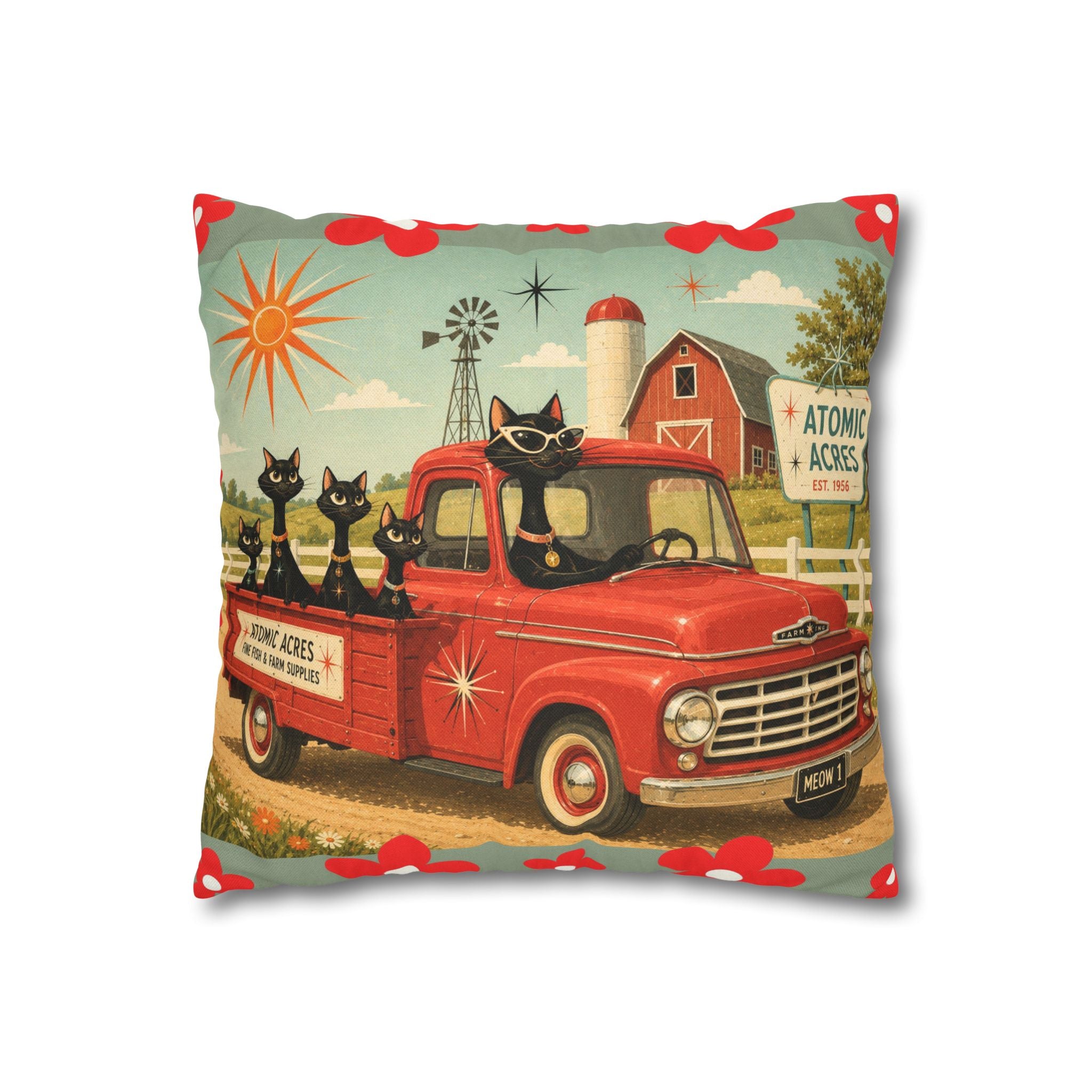 Retro Red Truck with Atomic Black Cats and kittens Pillowcase | MCM Square Pillowcase - COVER ONLY