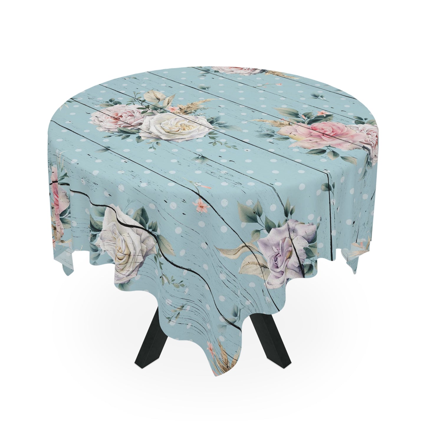 Blue with vintage pink roses on a wood grain look shabby chic style dining room tablecloth