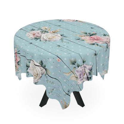 Blue with vintage pink roses on a wood grain look shabby chic style dining room tablecloth