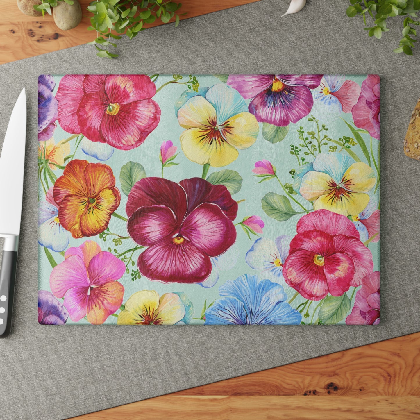 Pansy Cutting Board a Floral Tempered Glass Cheese Board, Unique Floral Chopping Board & Flower Counter Protector, Floral Kitchen decor