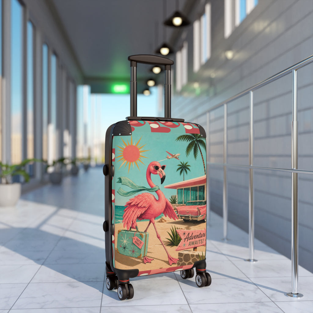 Retro MCM Flamingo fly away holiday Beach Scene Suitcase | Vintage Travel Print