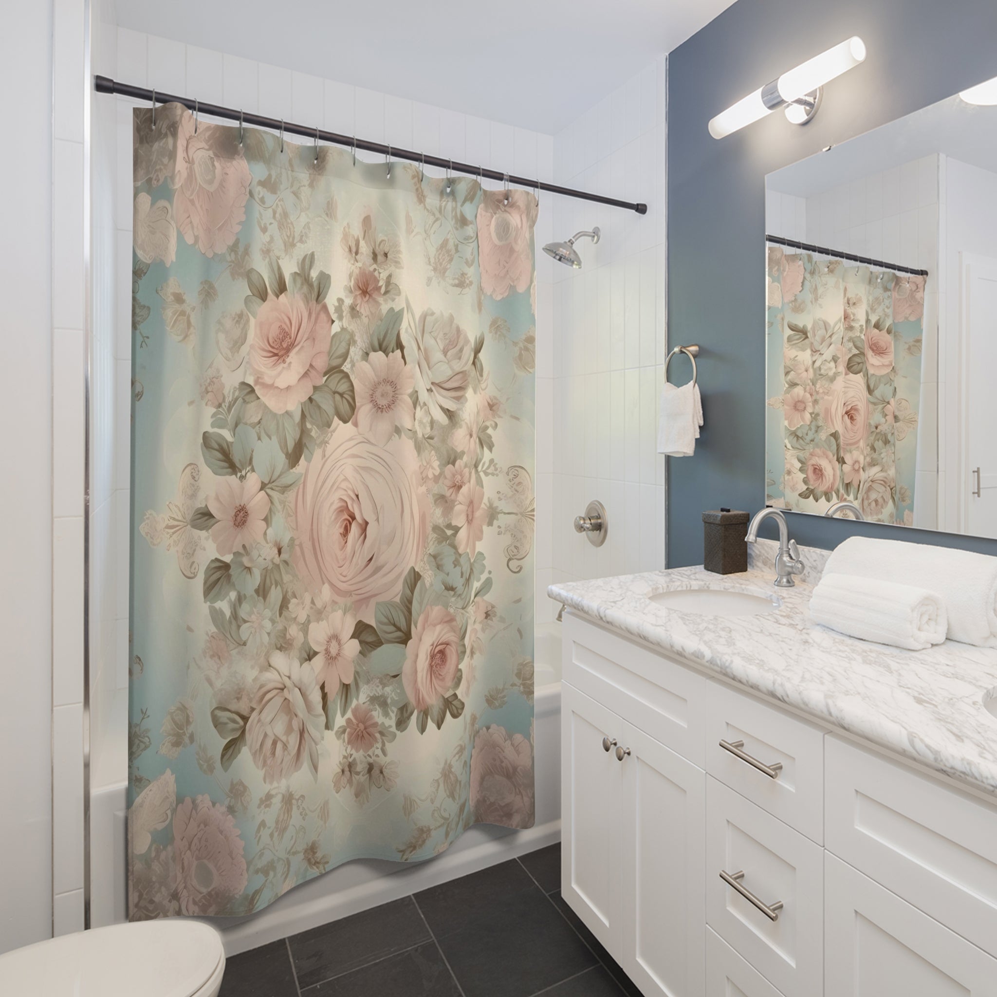 Vintage Pink rose bath decor shabby chic style shower curtain