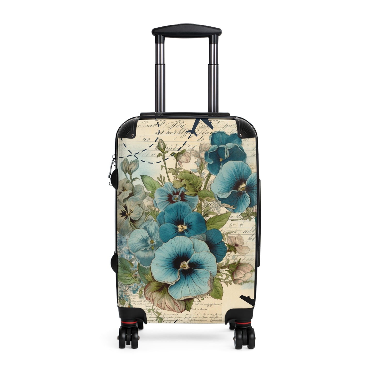 Big blue pansy Suitcase on wheels with planes, holiday weekend, carry on luggage, large roller suitcase, floral travel luggage