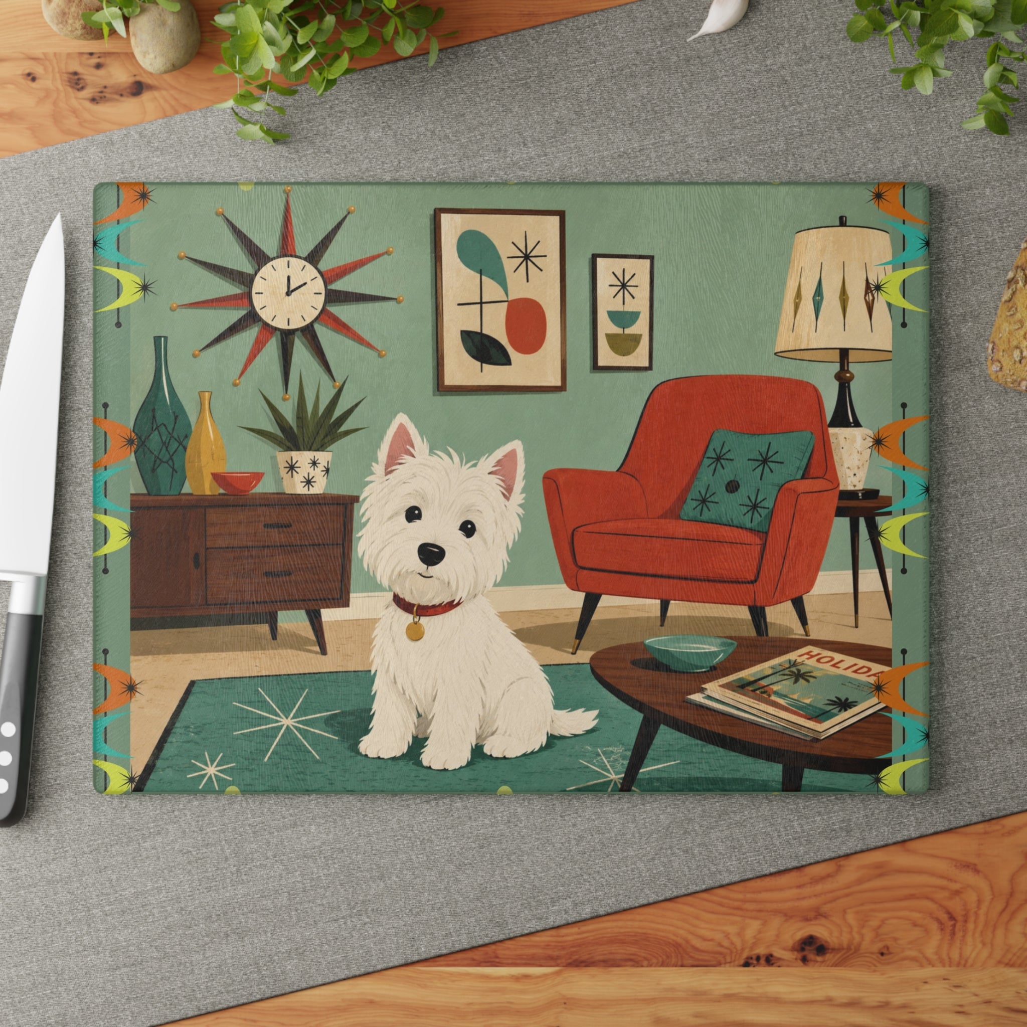 Westie in Mid-Century Living Room Glass Cutting Board | Retro Dog Kitchen Decor
