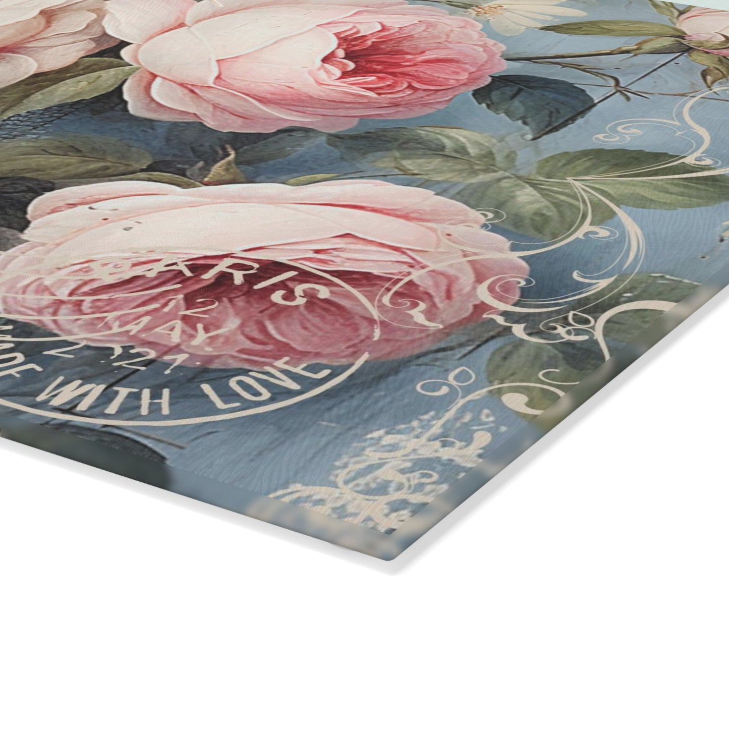 Pink roses shabby chic style Glass Cutting Board, vintage inspired floral chopping board