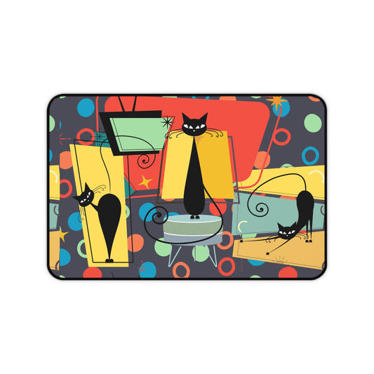 Mid Mod Atomic cat colorful Desk Mat, retro mousepad, MCM office decor, kitschy 50s 60s inspired, black cat lover gift