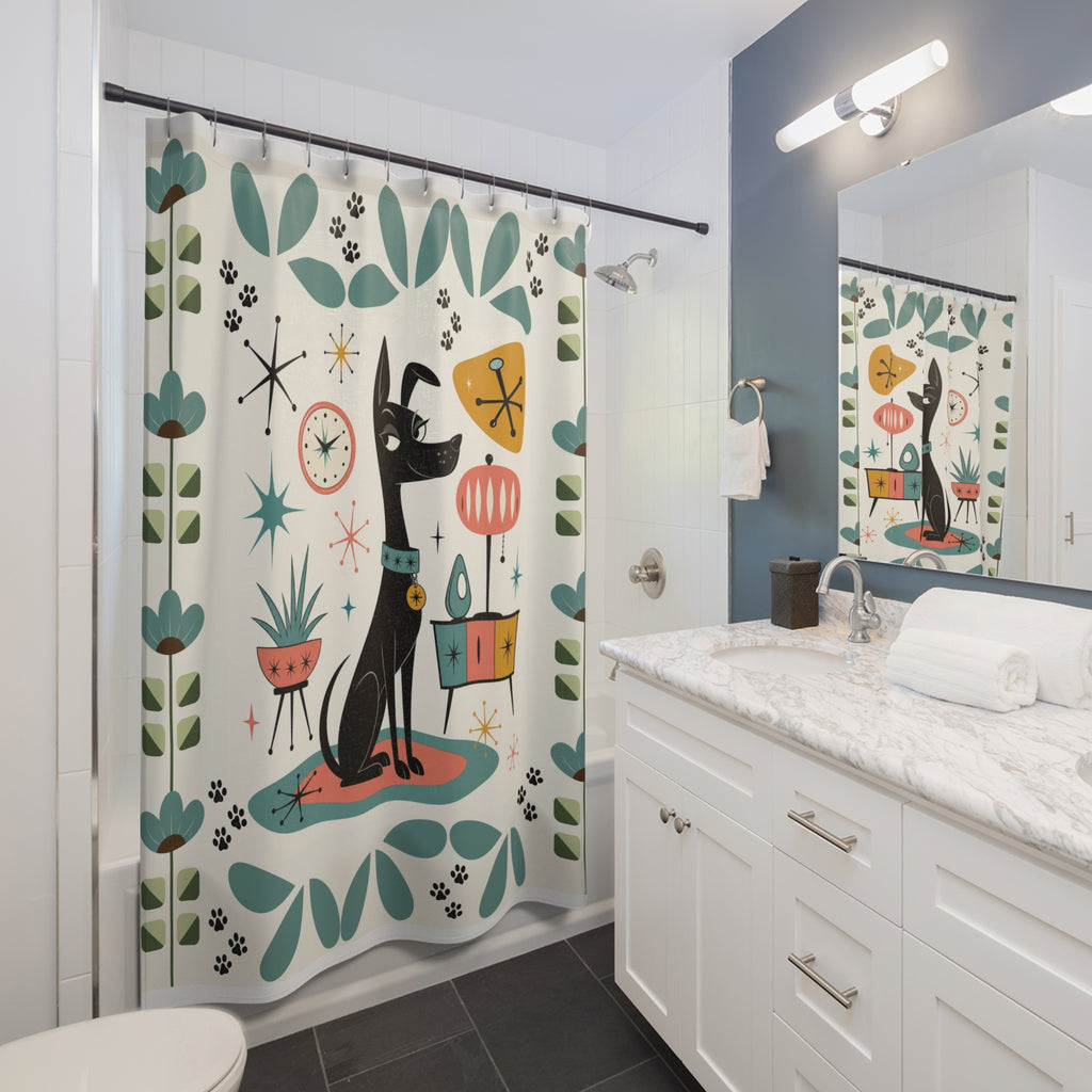 Mid Century Black Dog Shower Curtain | Retro Atomic Floral Shower Curtain