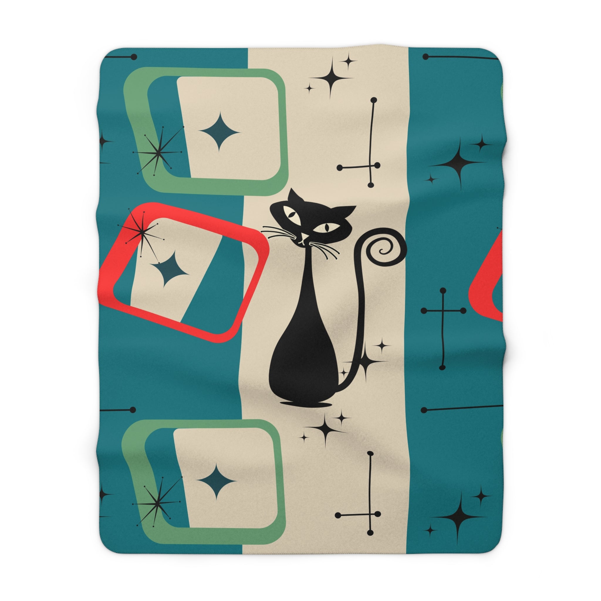 Atomic cat retro Sherpa Fleece Blanket, mid mod blanket, MCM throw blanket, soft cozy snuggle rug, Kitschy 50s 60s, black cat lover gift
