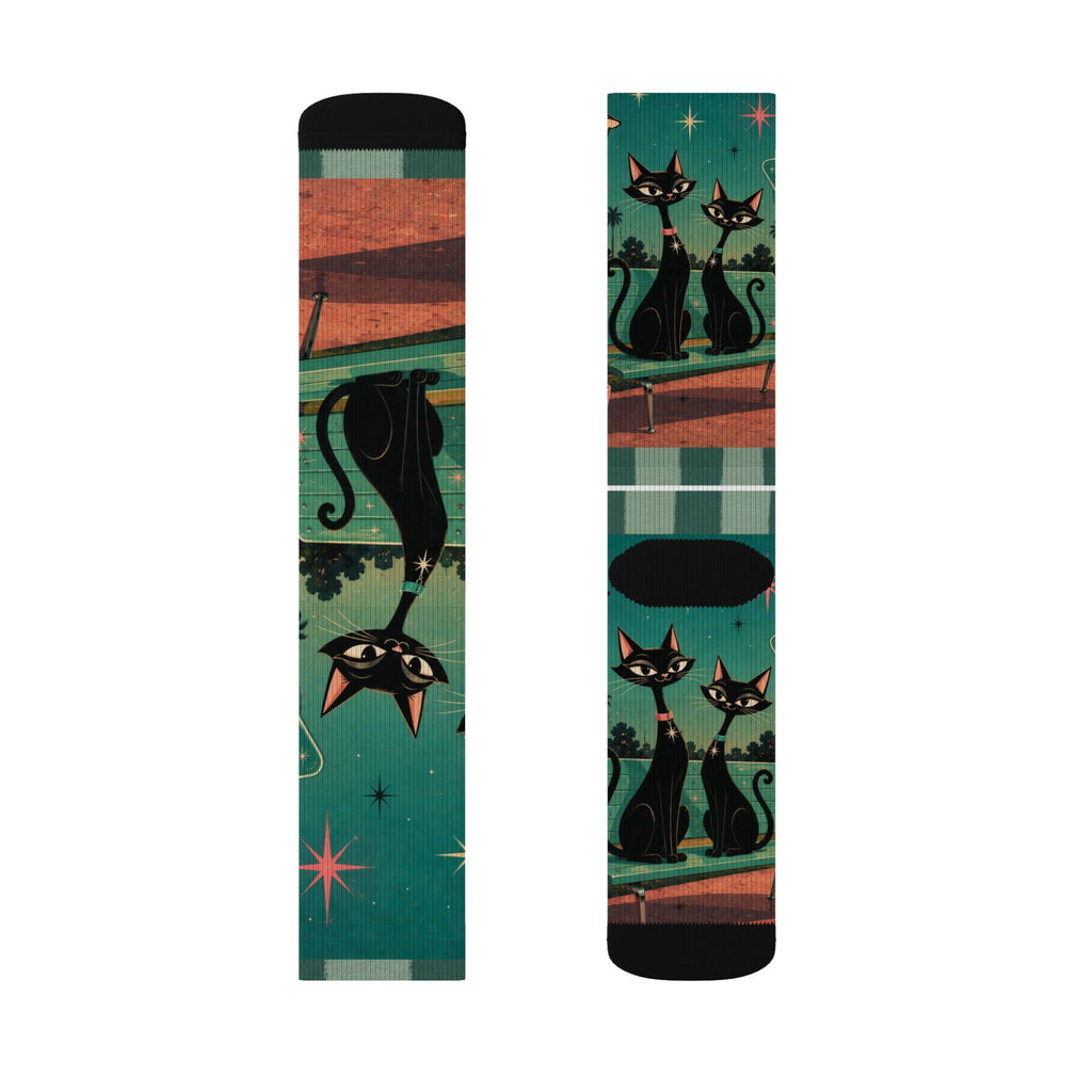 Retro Atomic Black Cats Socks | Teal Night Cat Pattern Sublimation Socks