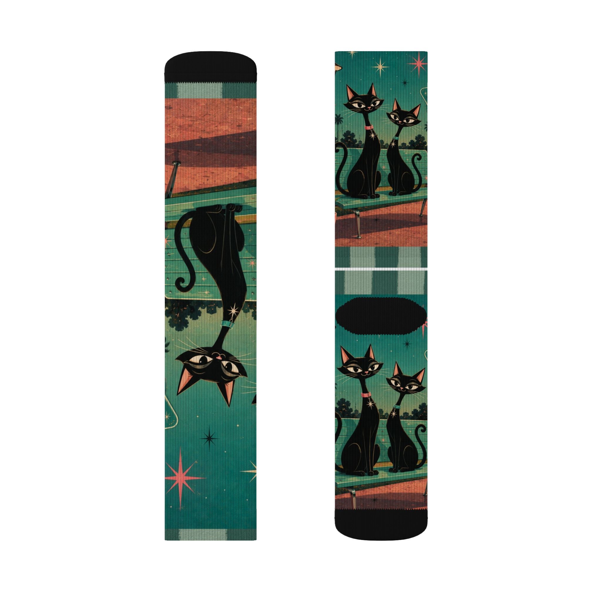 Retro Atomic Black Cats Socks | Teal Night Cat Pattern Sublimation Socks