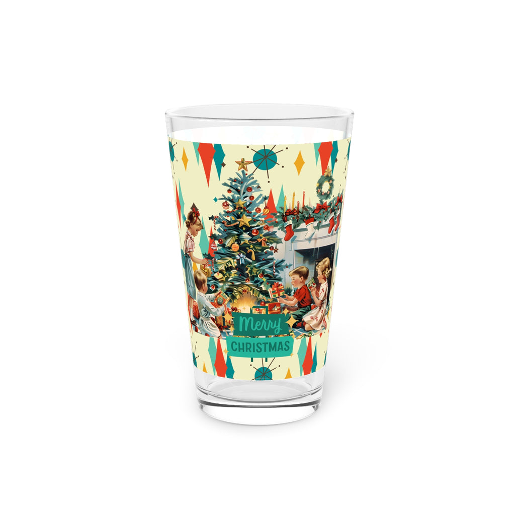 Merry Christmas pint glass, Retro Vintage 50s Franciscan Diamond Starburst Kitsch Christmas Card Art glass, Retro Vintage 16oz
