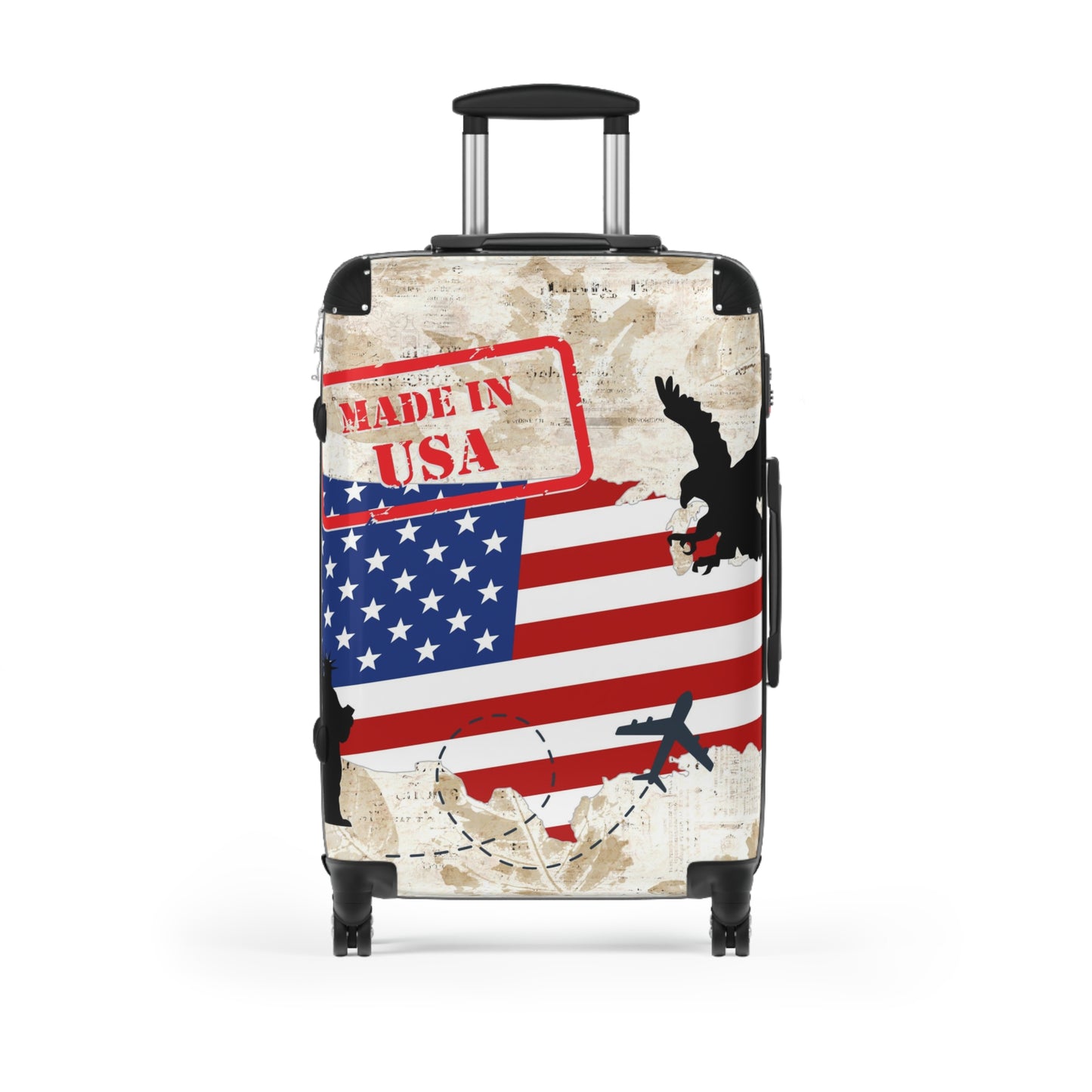 Made in the USA Suitcase on wheels, carry on luggage, travel for holidays, patriotic design, American hard shell lockable case