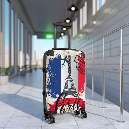 Made in Paris suitcase on wheels,  holiday in France, roller case, secure lockable carry on bags, hard shell travel suitcase