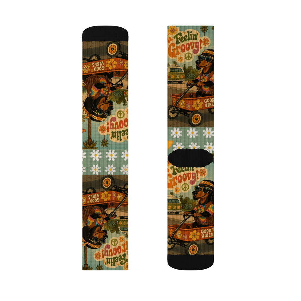 Feelin' Groovy Retro Dachshund Illustration Socks | Vintage Hippie Floral Pattern