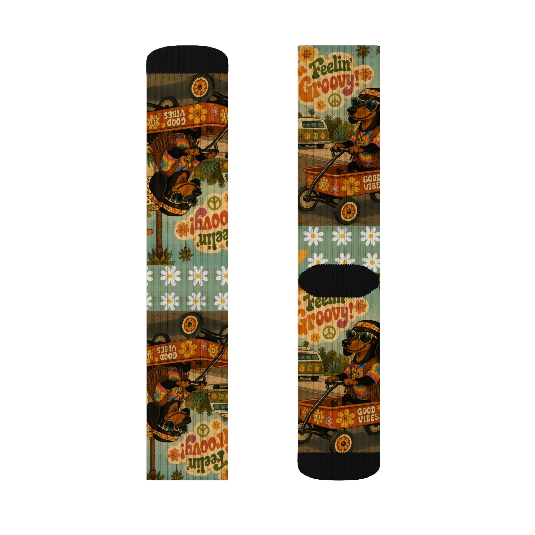 Feelin' Groovy Retro Dachshund Illustration Socks | Vintage Hippie Floral Pattern