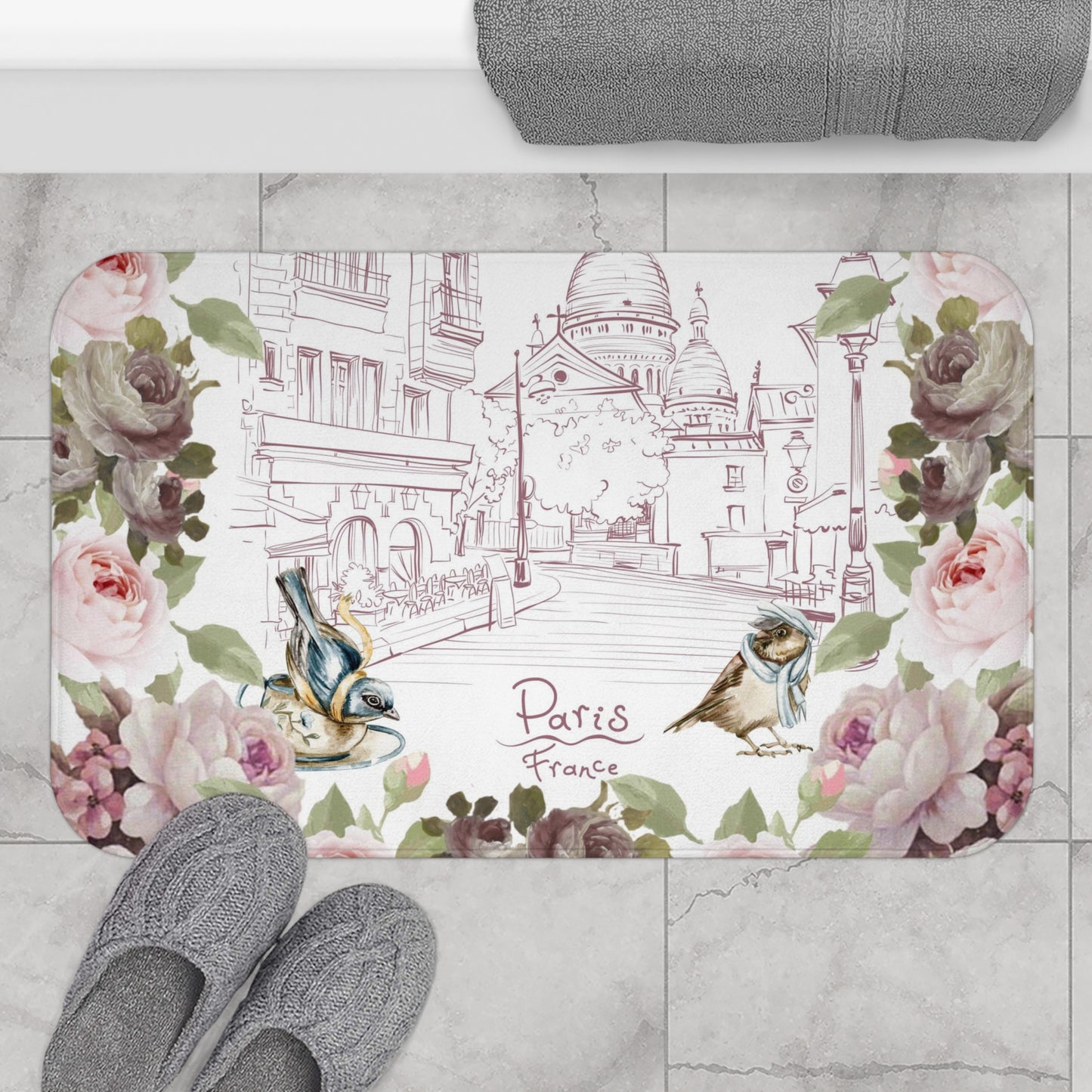 Paris France, shabby chic, beautiful flower, bathroom decor, floral Bath Mat