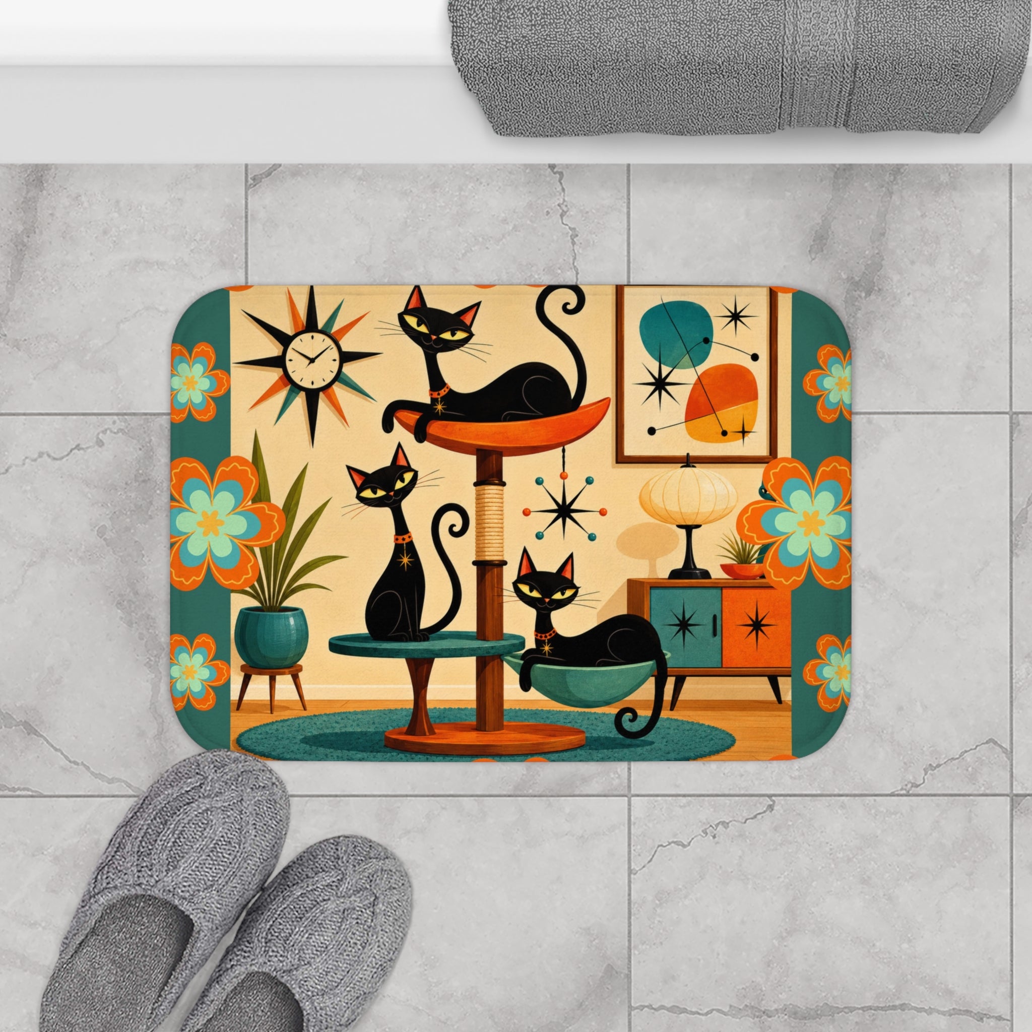 Mid Century Black Cats Bath Mat | Retro Atomic Floral Home Decor