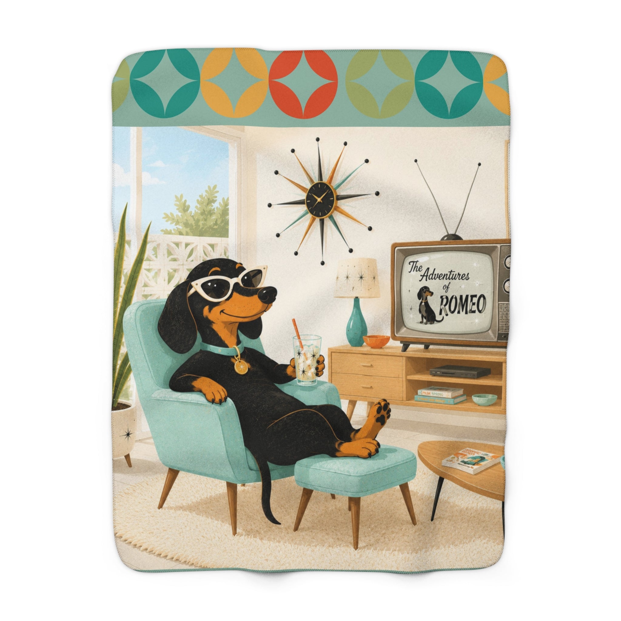 Retro Dachshund Lounge Sherpa Fleece Blanket | Mid Century Dog TV Art