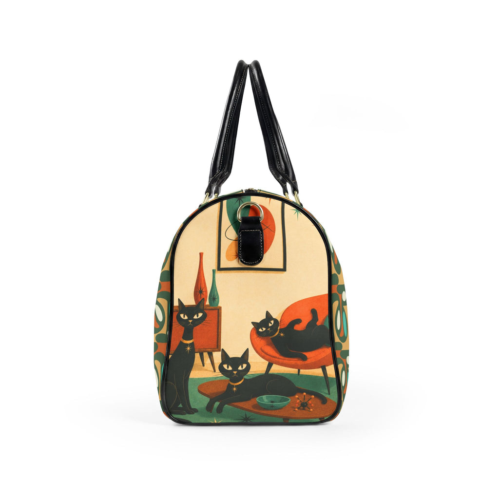 Mid Century Atomic Cat Scene Faux Leather Travel Bag | Retro Atomic Kitsch