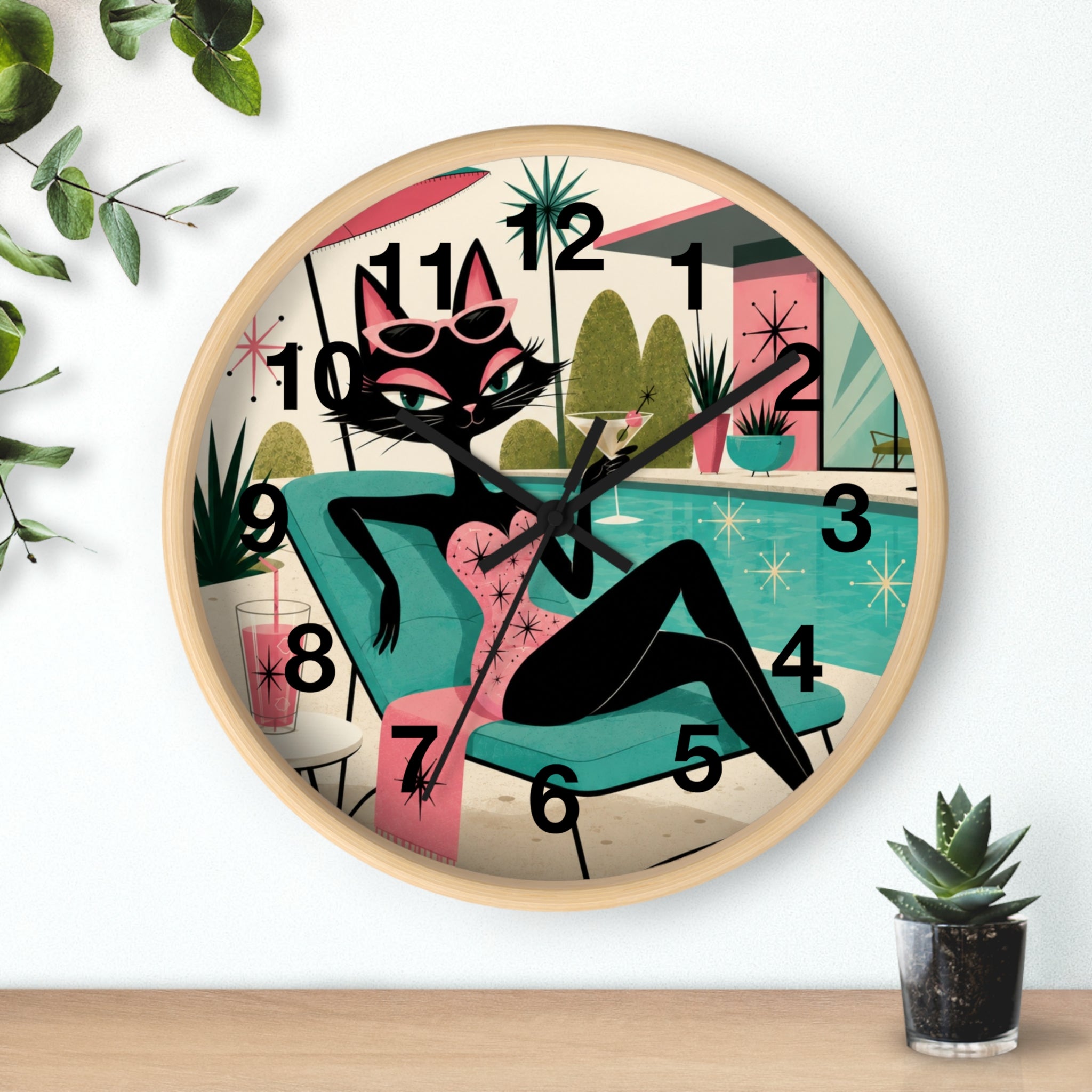 Retro Atomic Cat Lounge Wall Clock | Mid Century Modern Poolside Cat Art