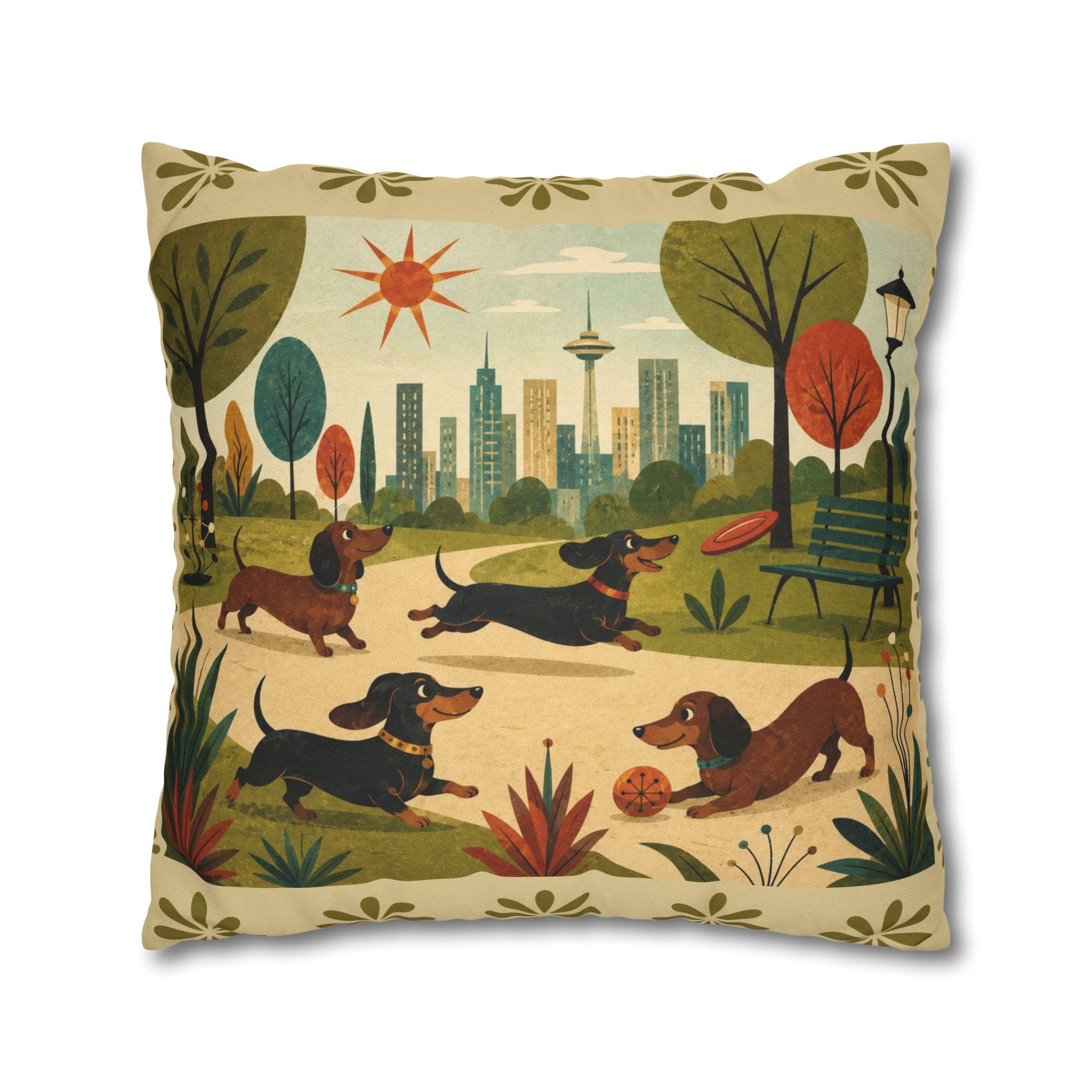 MCM Dachshund Park Scene Pillowcase | Square Decorative Throw Pillowcase - COVER ONLY