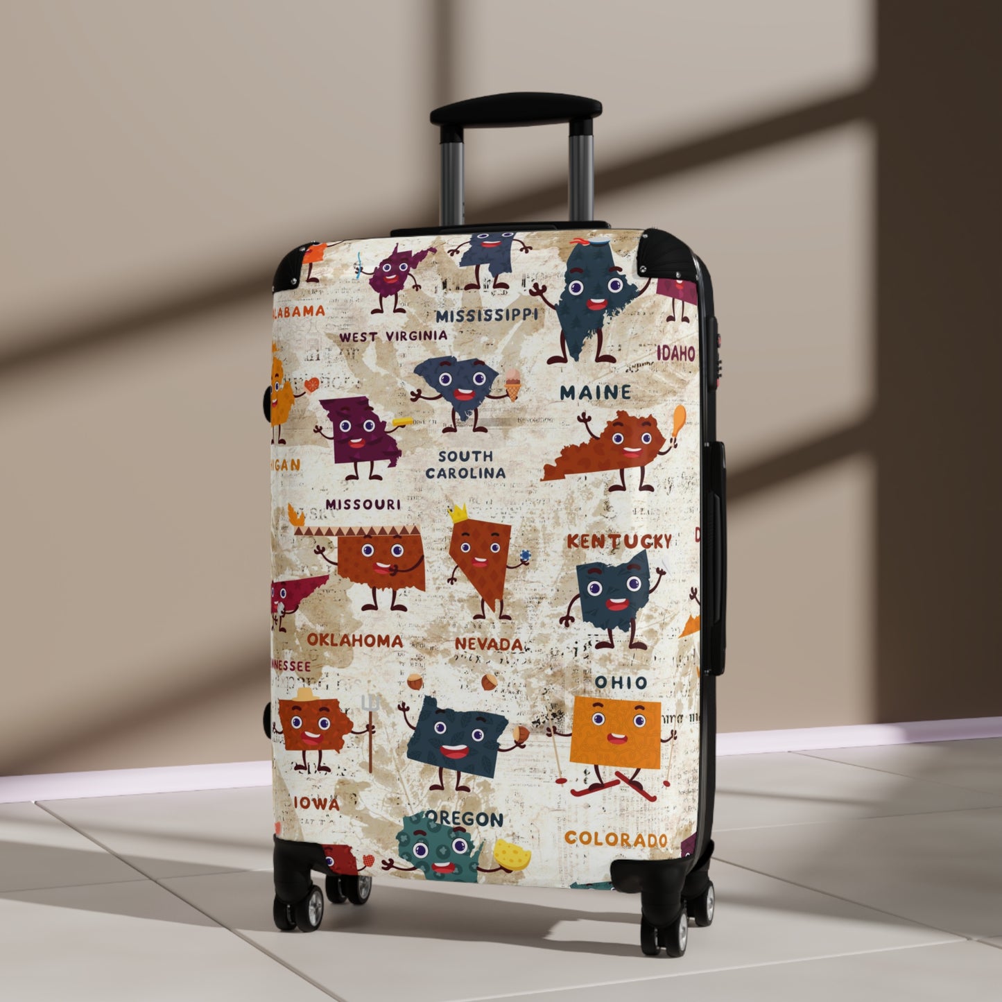 USA little maps travelling Suitcase on wheels, carry on luggage, secure lockable travel case, kids or adults