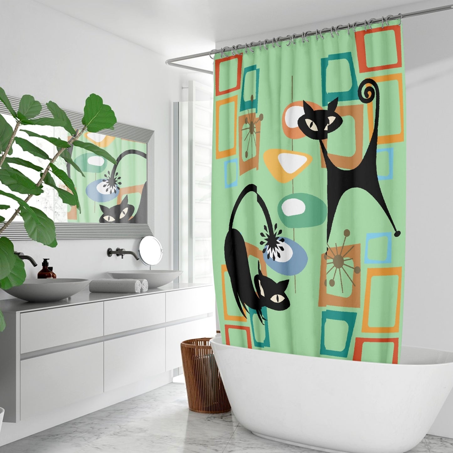 Atomic cat Mid Century Modern green. Quick-drying Shower Curtain, retro bathroom, 50s 60s inspired design