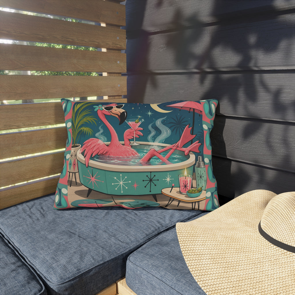Retro Flamingo in Hot Tub Outdoor Pillow | Mid Century Tropical Patio Decor