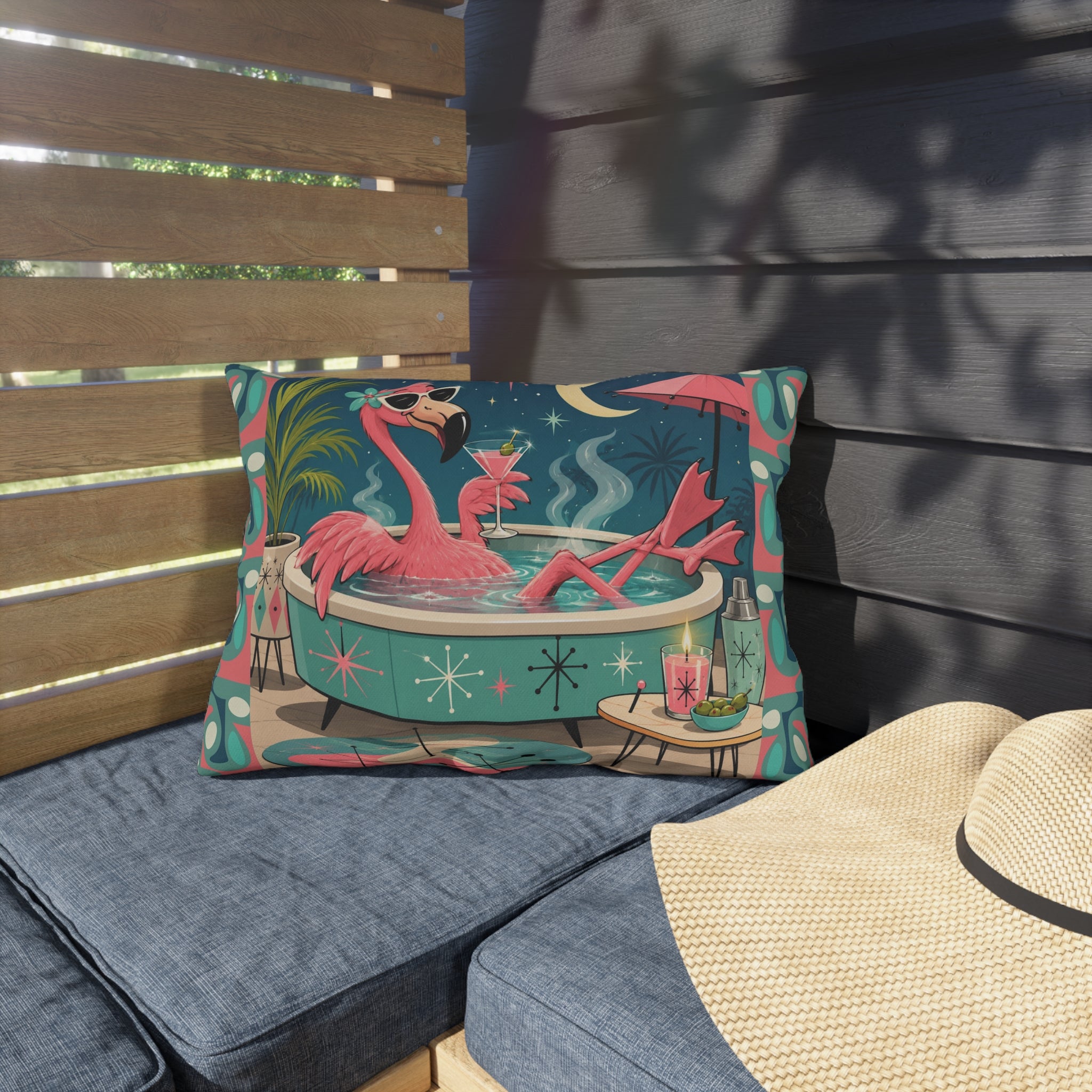 Retro Flamingo in Hot Tub Outdoor Pillow | Mid Century Tropical Patio Decor