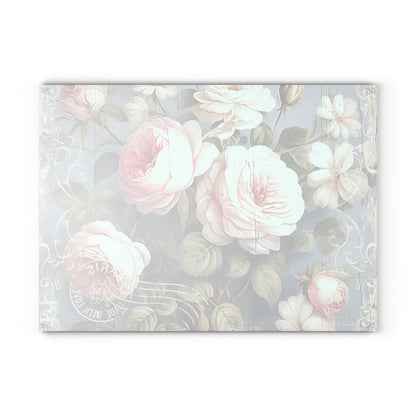 Pink roses shabby chic style Glass Cutting Board, vintage inspired floral chopping board