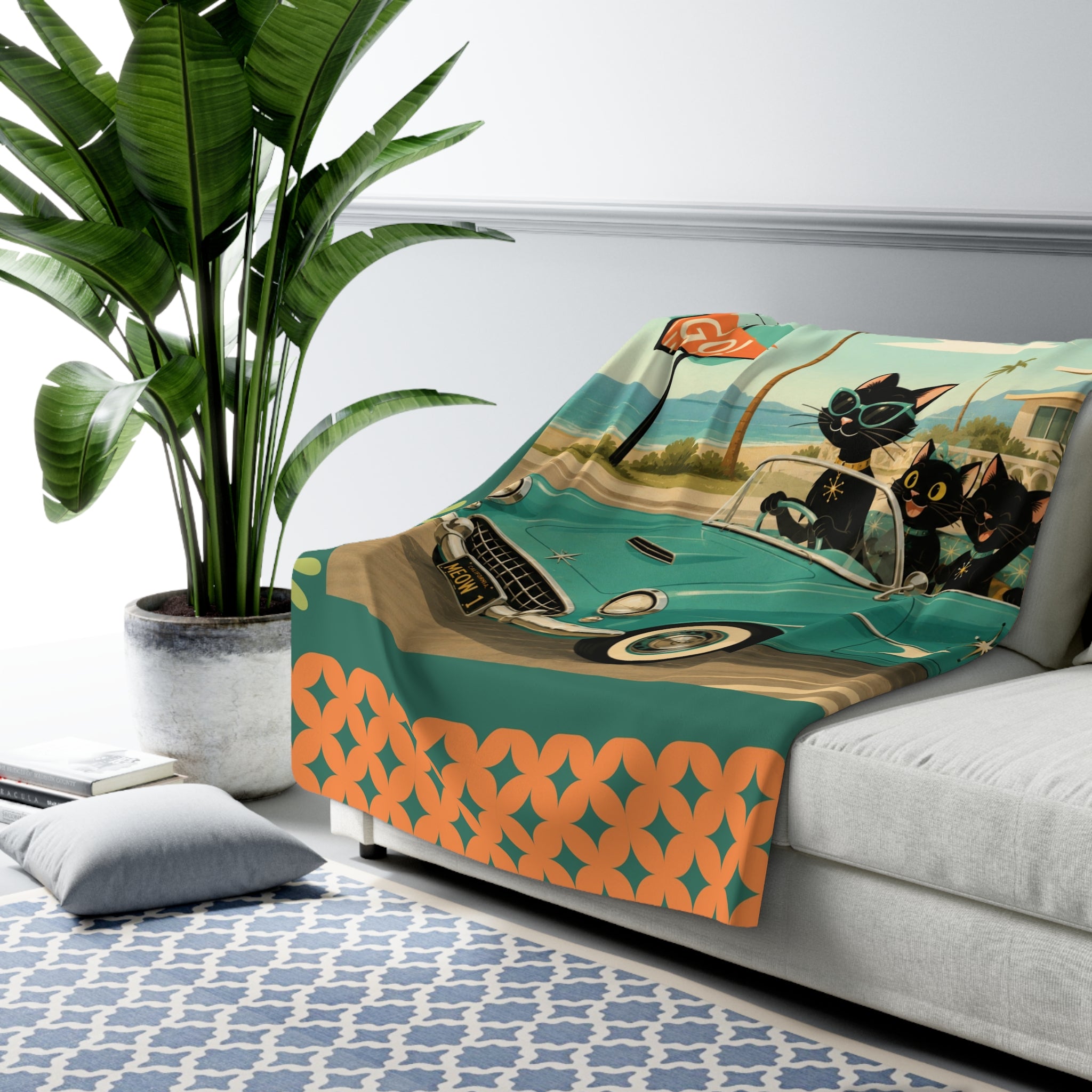 Retro Black Atomic Cats Driving Convertible Sherpa Blanket | Vintage Beach Roadtrip