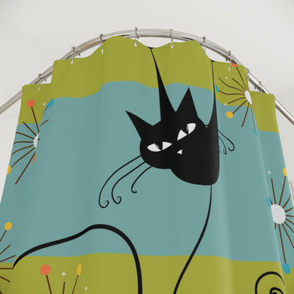 MCM Starburst atomic cat art Shower Curtain, vintage inspired, retro bathroom decor