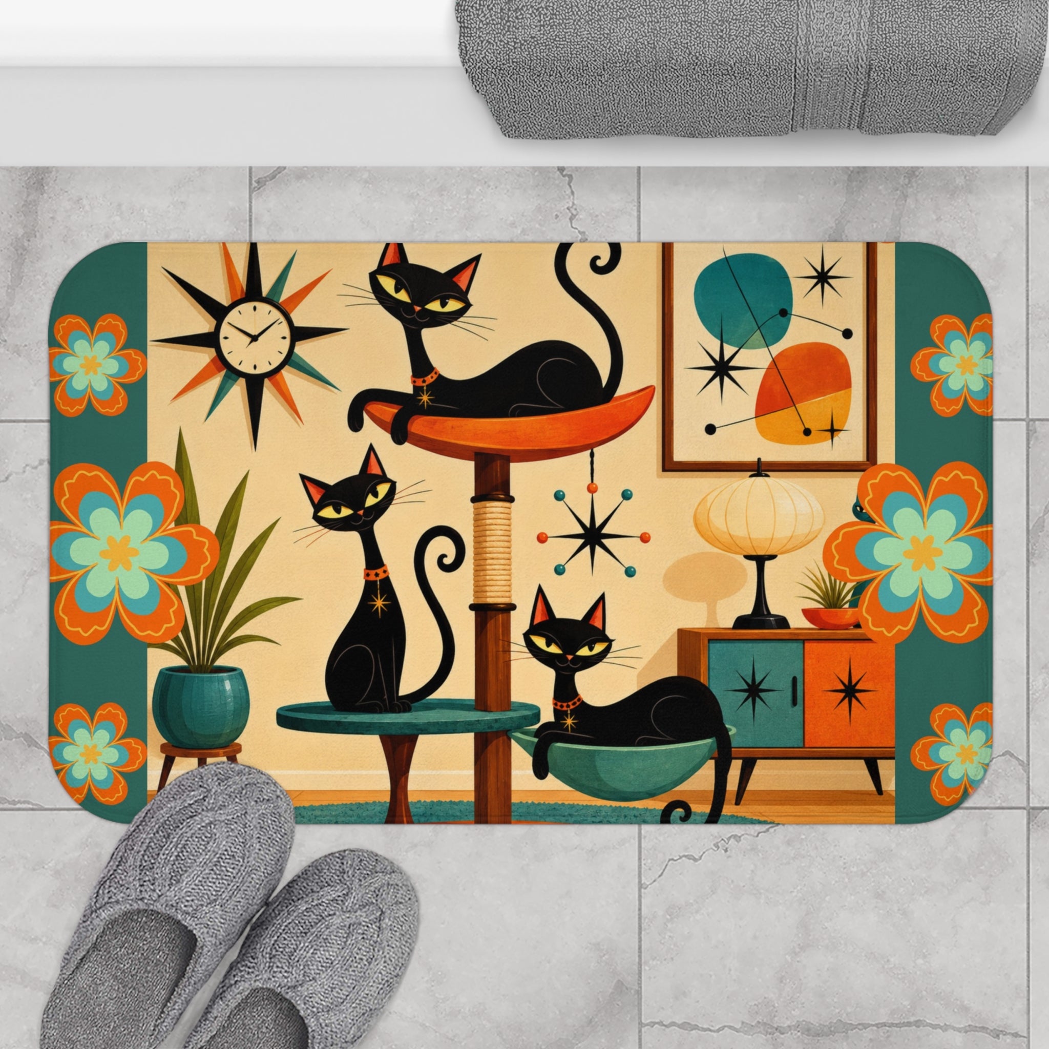 Mid Century Black Cats Bath Mat | Retro Atomic Floral Home Decor