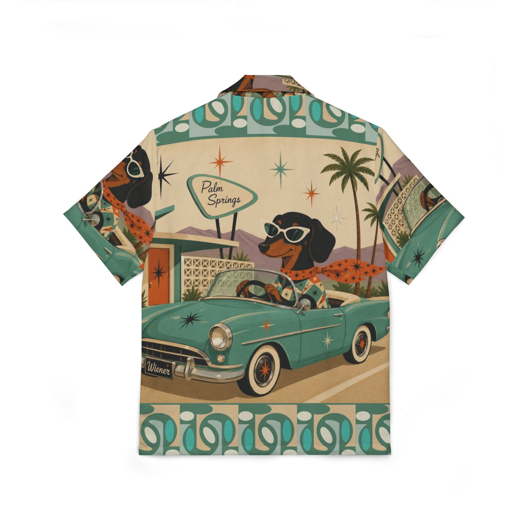 Retro Dachshund Driving Convertible Hawaiian Shirt | Palm Springs MCM