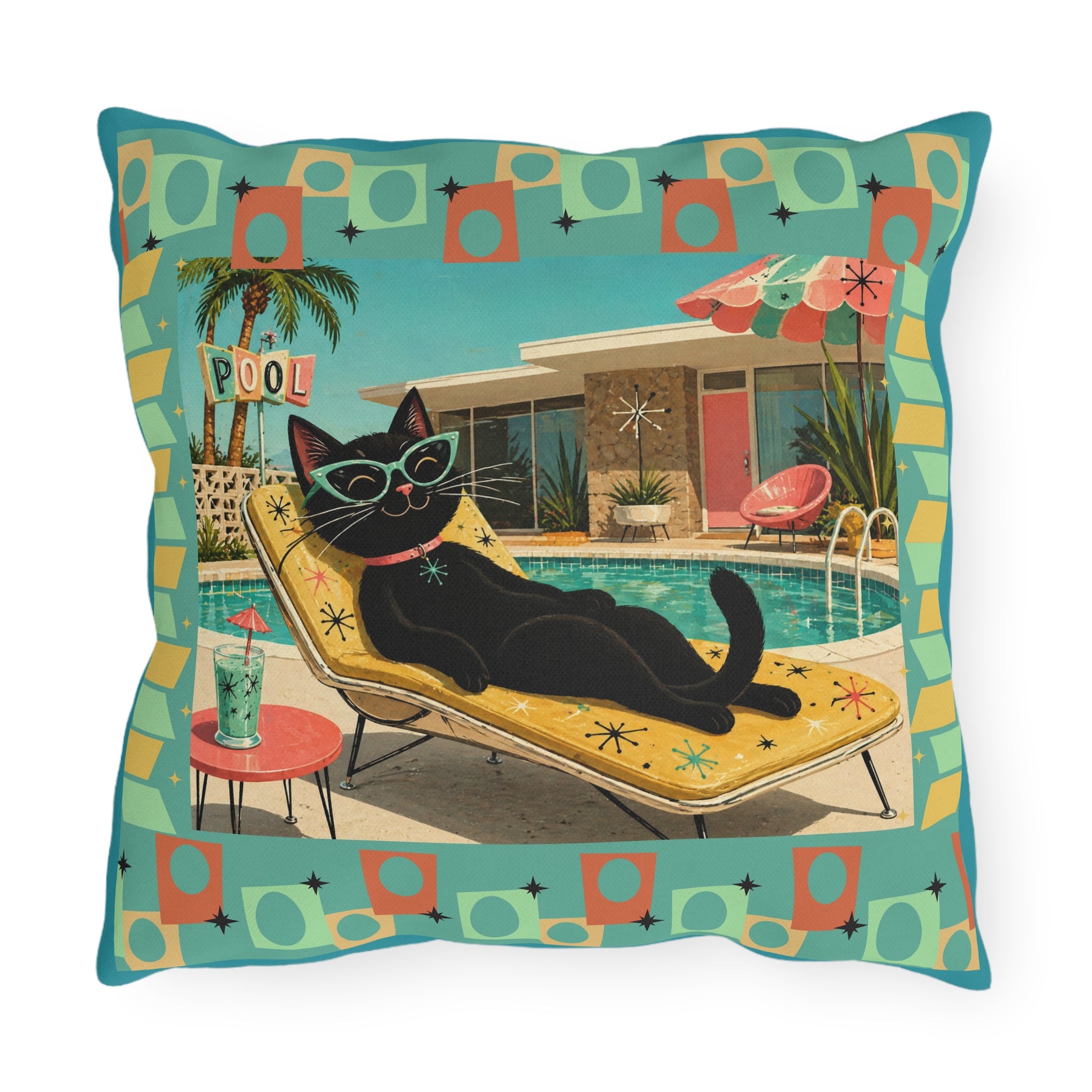 Retro Black Cat Poolside Outdoor Pillow | Mid Century Modern Patio Decor