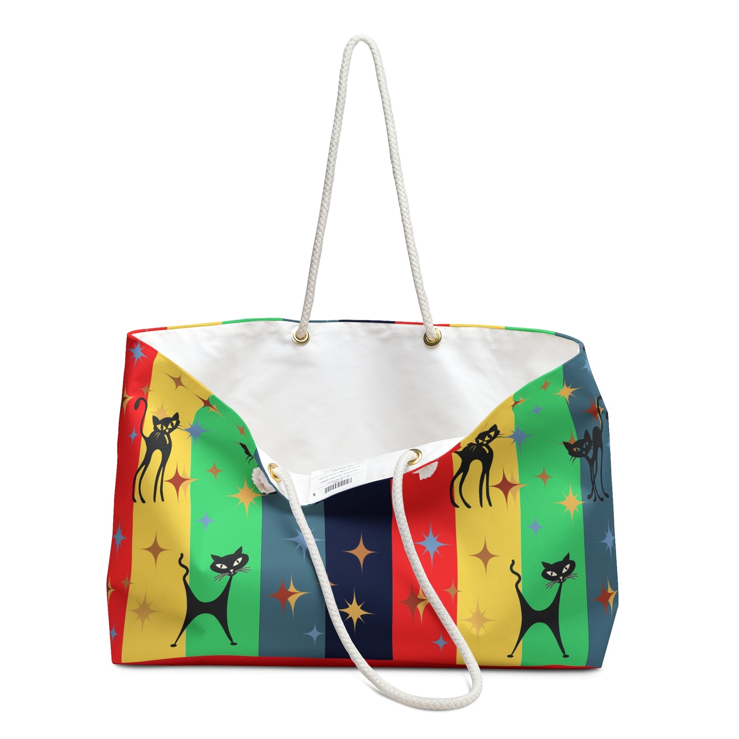 Colorful Weekender Bag, Atomic cat retro, day trip, beach, carry bag, MCM tote bag, Mid Century Modern