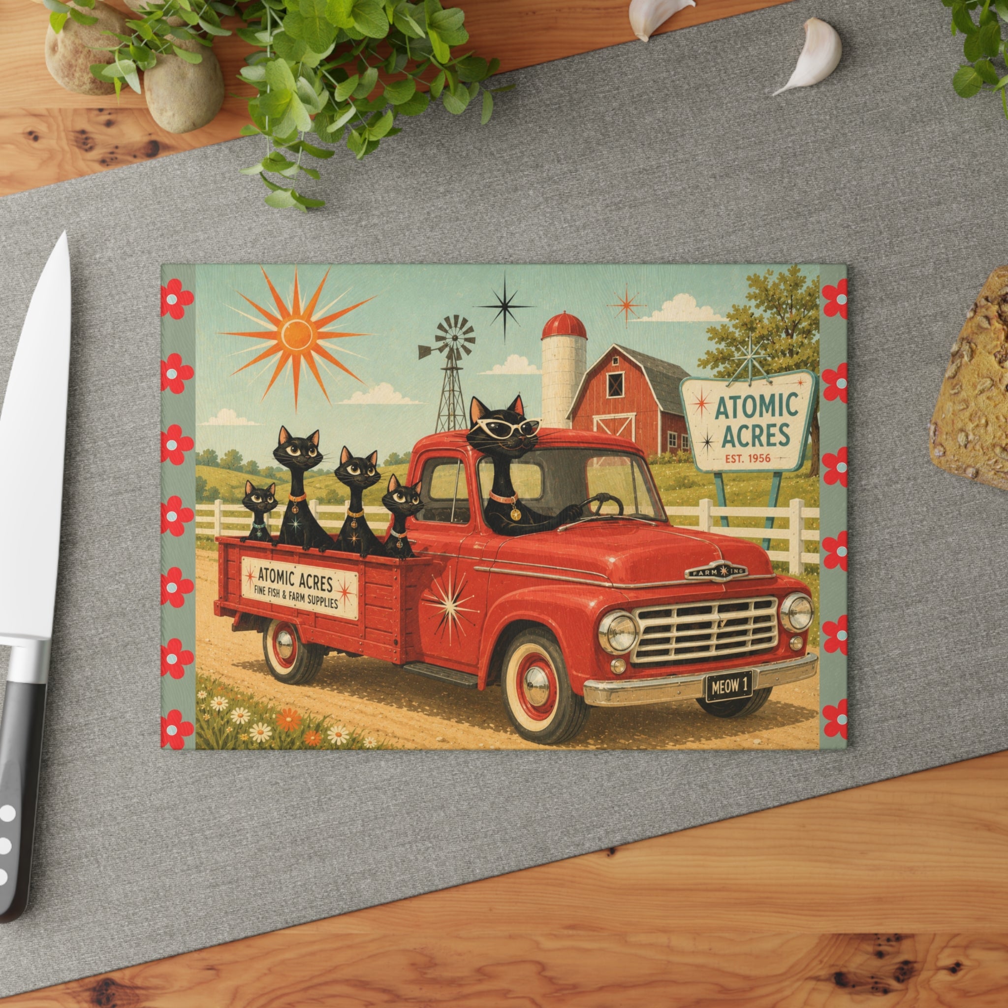Retro Atomic Black Cats on Red Truck Glass Cutting Board | MCM Atomic Acres Farm