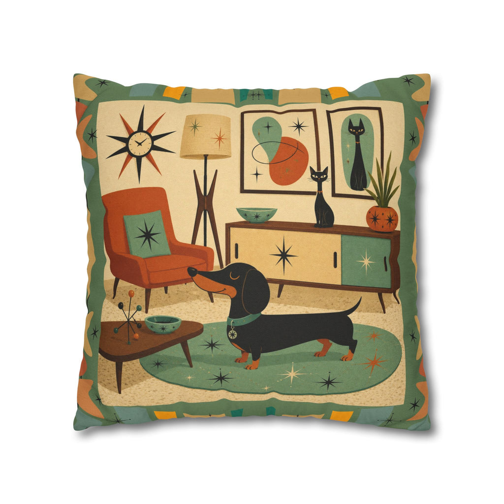 Mid-Century Living Room Dachshund Pillowcase | Square Pillowcase - COVER ONLY