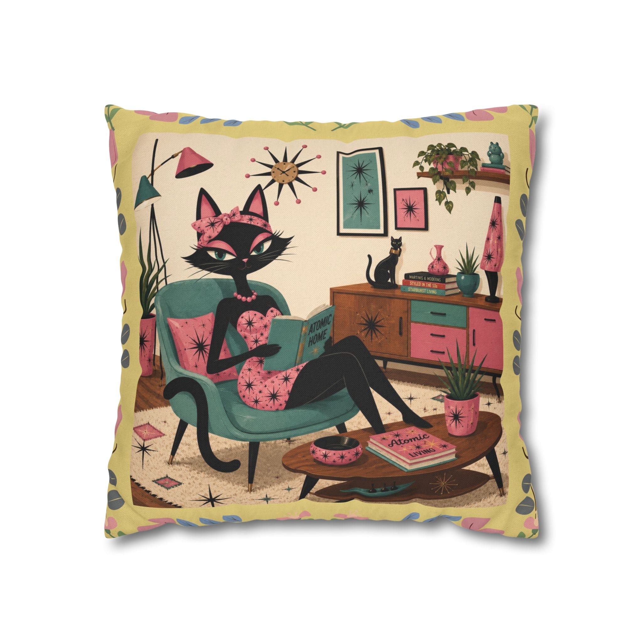 Retro Mid Century Atomic Cat Lounge Pillowcase | Square Pillowcase - COVER ONLY